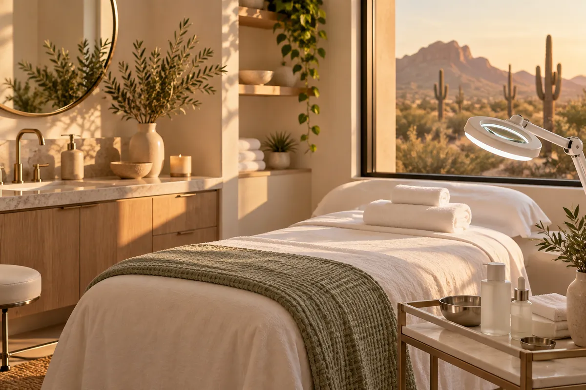 Calm Scottsdale esthetician treatment room prepared for an acne skin assessment