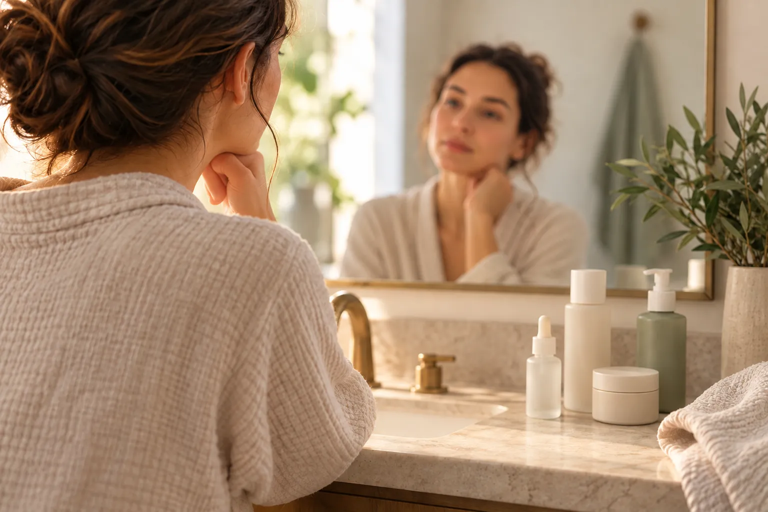Person checking their skin in a bathroom mirror while trying to figure out why they are breaking out